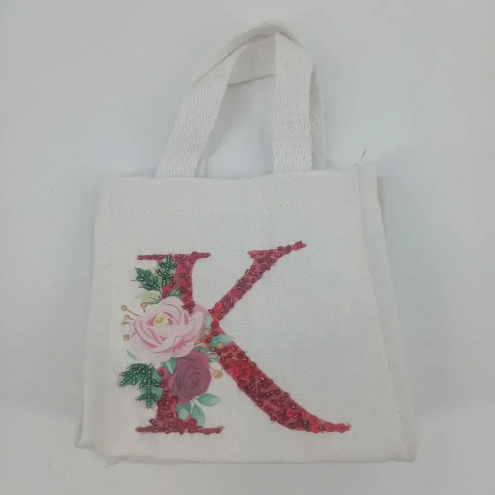 Monogram Letter K Floral Canvas Tote Bag White Cotton Market Purse gift bag